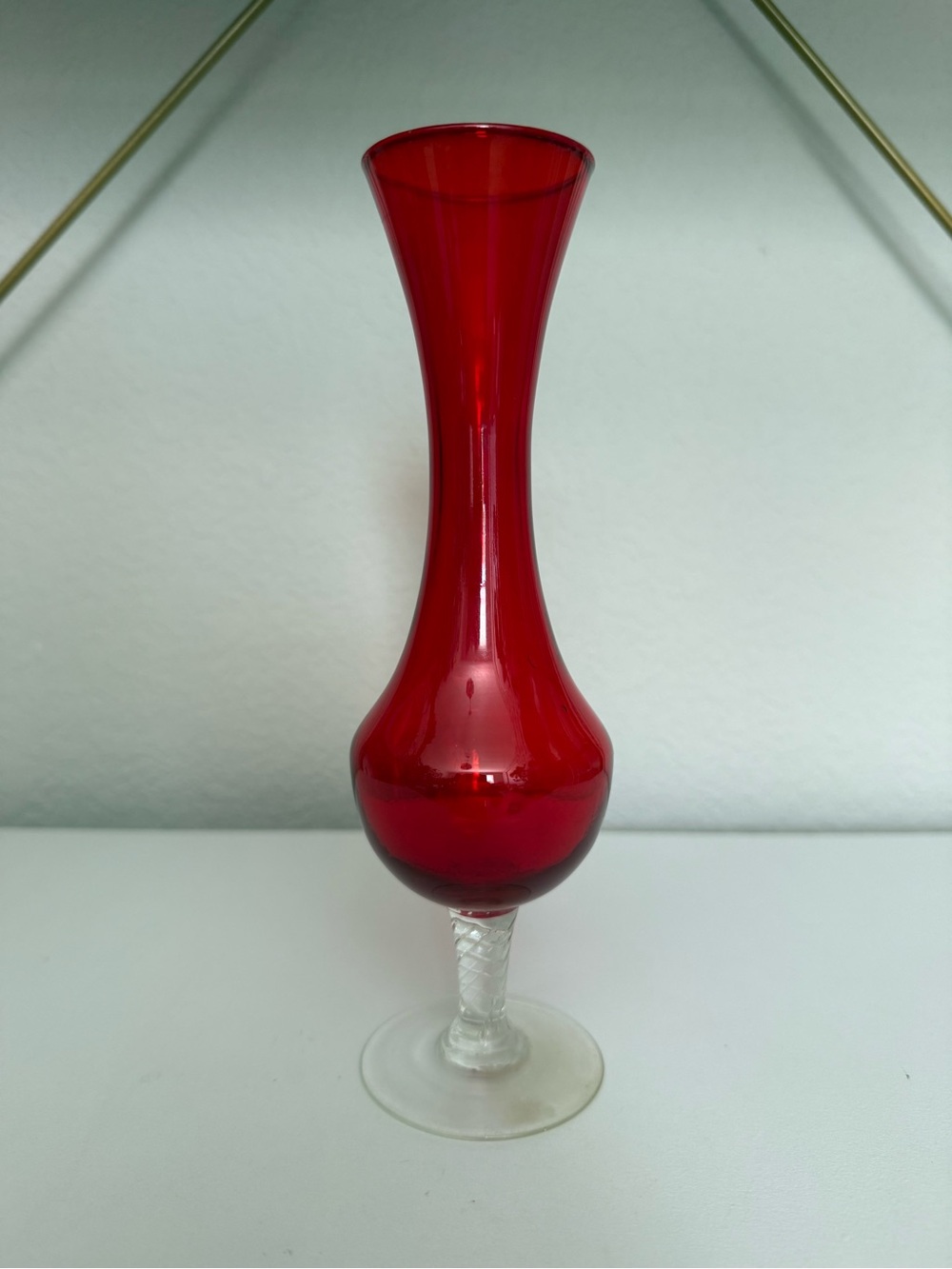 Vintage Enesco Ruby Red Glass Bud Vase with Clear Twisted Stem 8"
